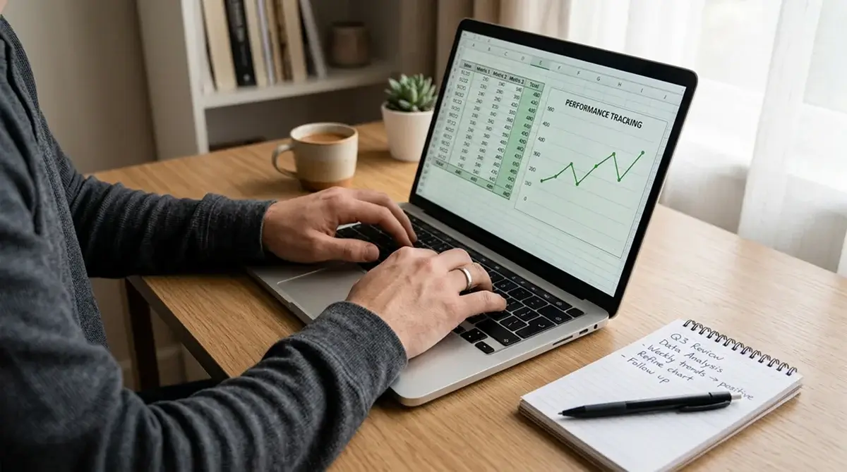 Person reviewing NFL game statistics and betting data on a laptop screen, with handwritten notes beside the keyboard