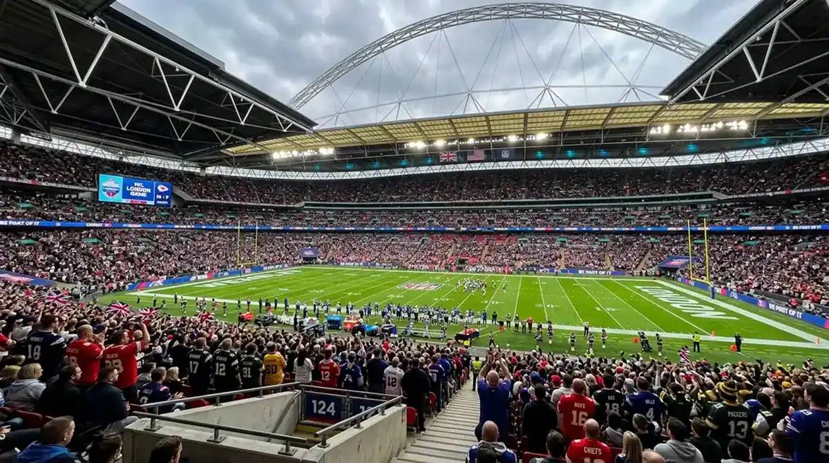 Crowd of NFL fans inside Wembley Stadium during a London Games matchup, with american football field markings visible on the pitch