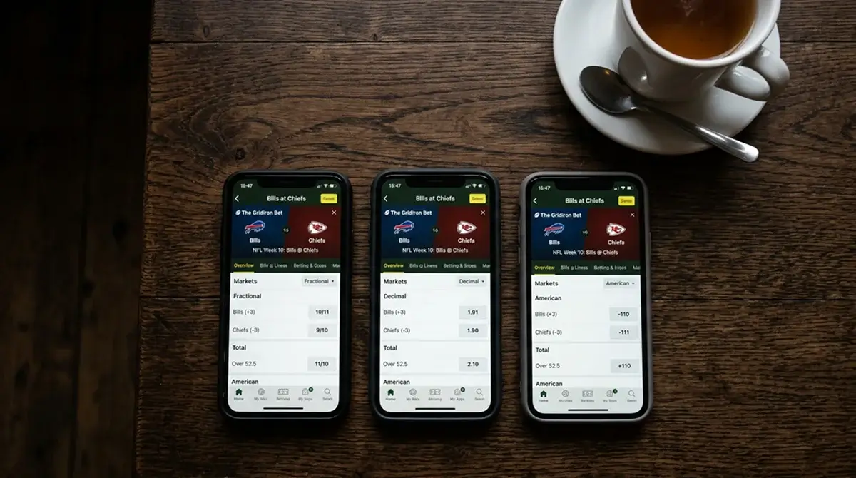 NFL odds displayed in fractional, decimal, and American formats side by side