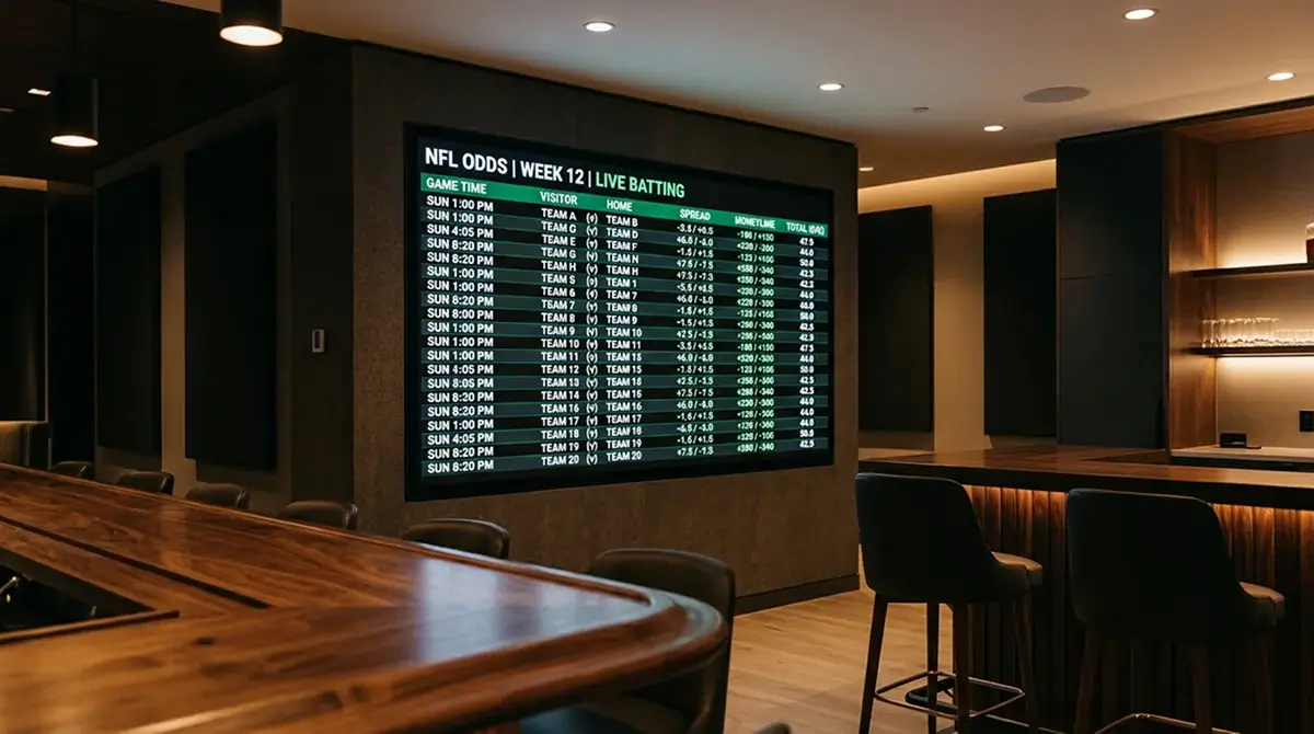 Close-up view of a sportsbook display showing NFL point spread and totals odds for an upcoming american football game